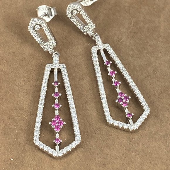 Red Rubies and Micro CZ Post Dangling Earrings - Picture 3 of 5